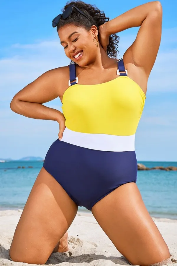 Plus Size Colorblock Tummy Control One Piece Swimsuit