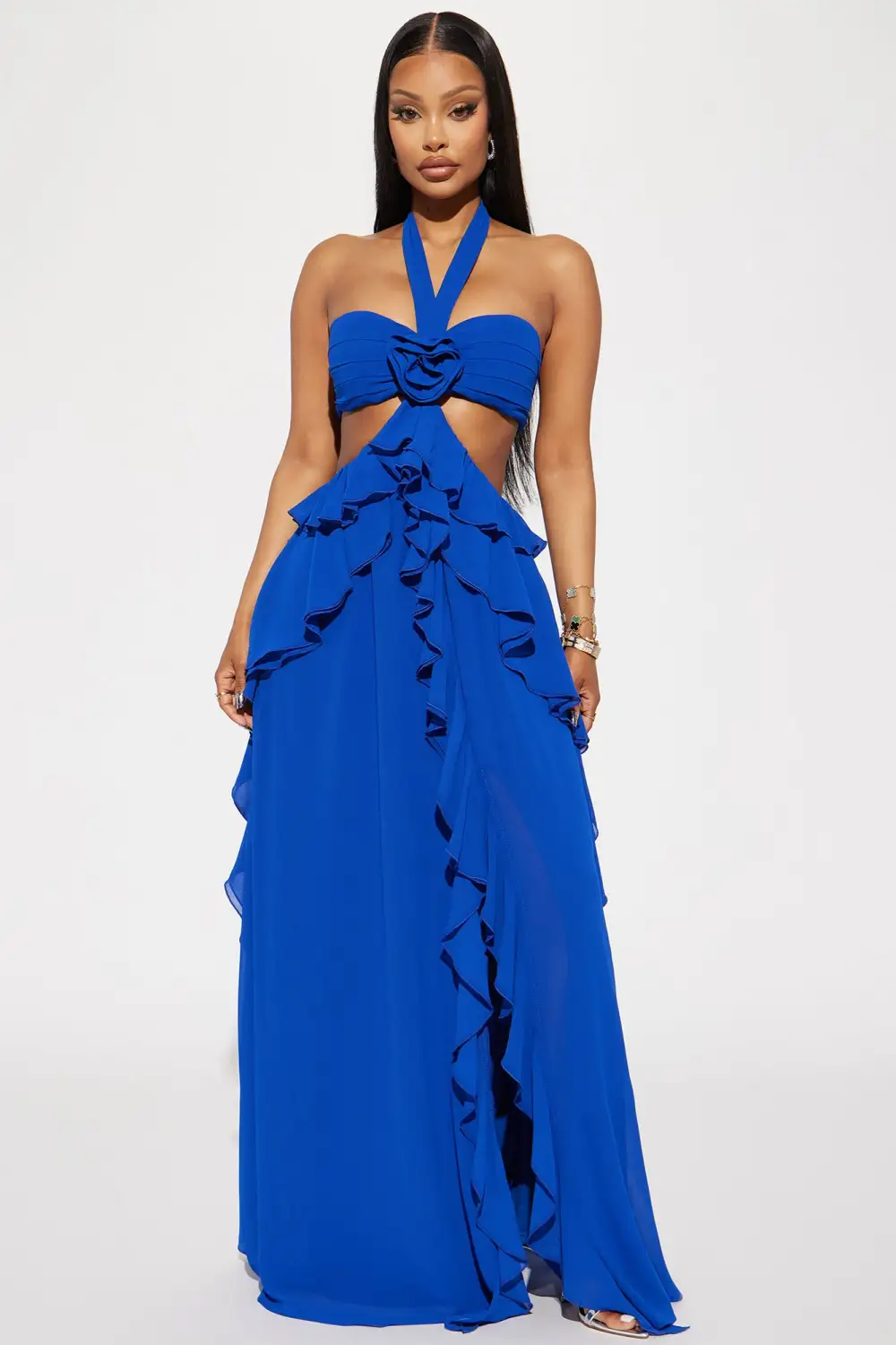 Rosette Ruffle Maxi Dress - Royal
