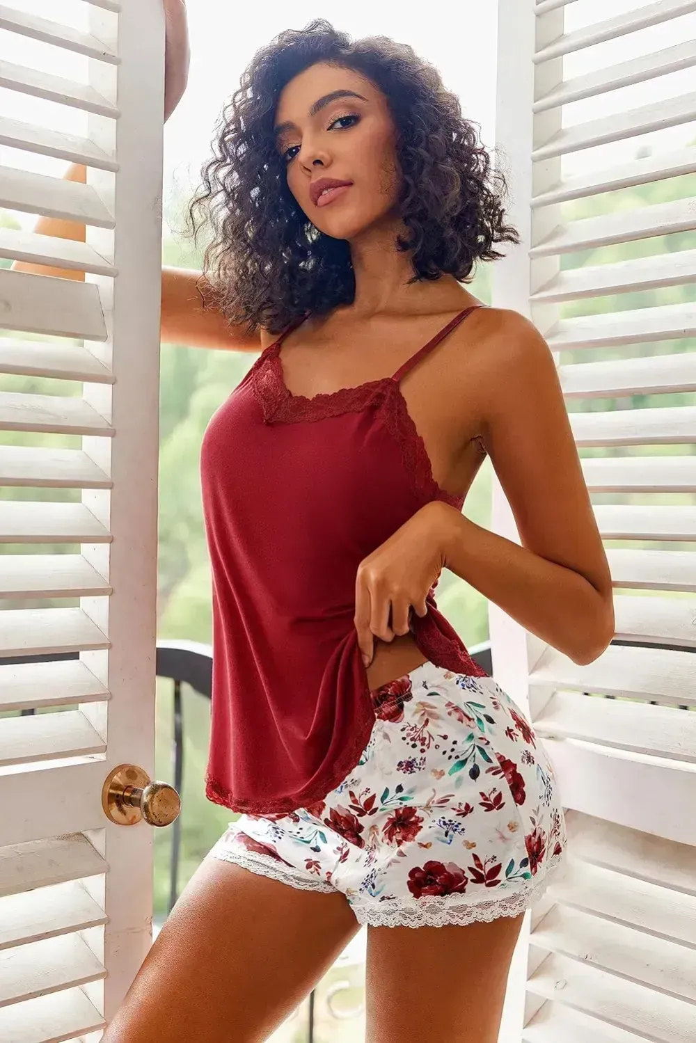 Women Cami Pajama Set Modal Sleepwear Lace Trim Short PJ Set with Shorts