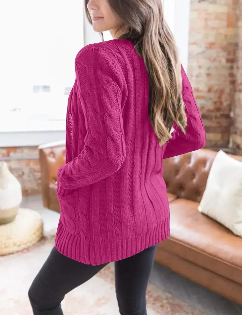 MEROKEETY Women's 2024 Fall Long Sleeve Cable Knit Sweater Open Front Cardigan Button Loose Outerwear