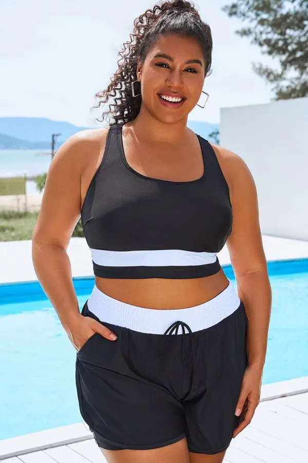 Round Neck Black & White Patchwork Bikini Top