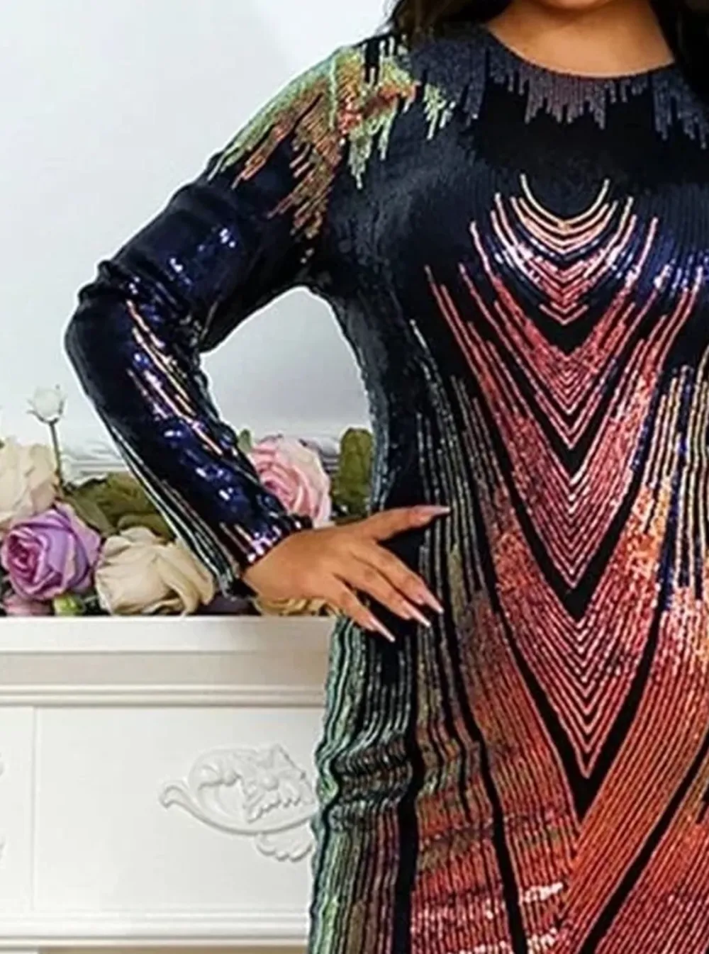 Plus Size Ombre Sequin Midi Bodycon Multicolor Prom Dress
