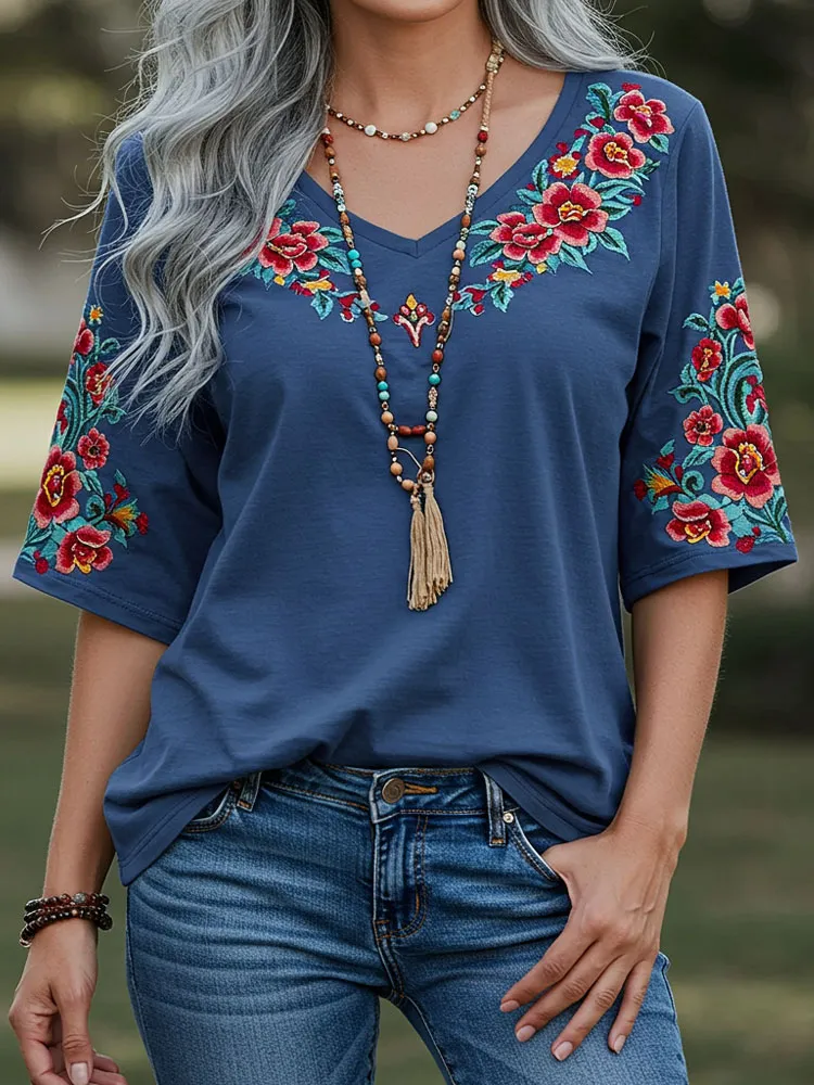 Women's Bohemia Ethnic Print Style Line Loose T-shirt