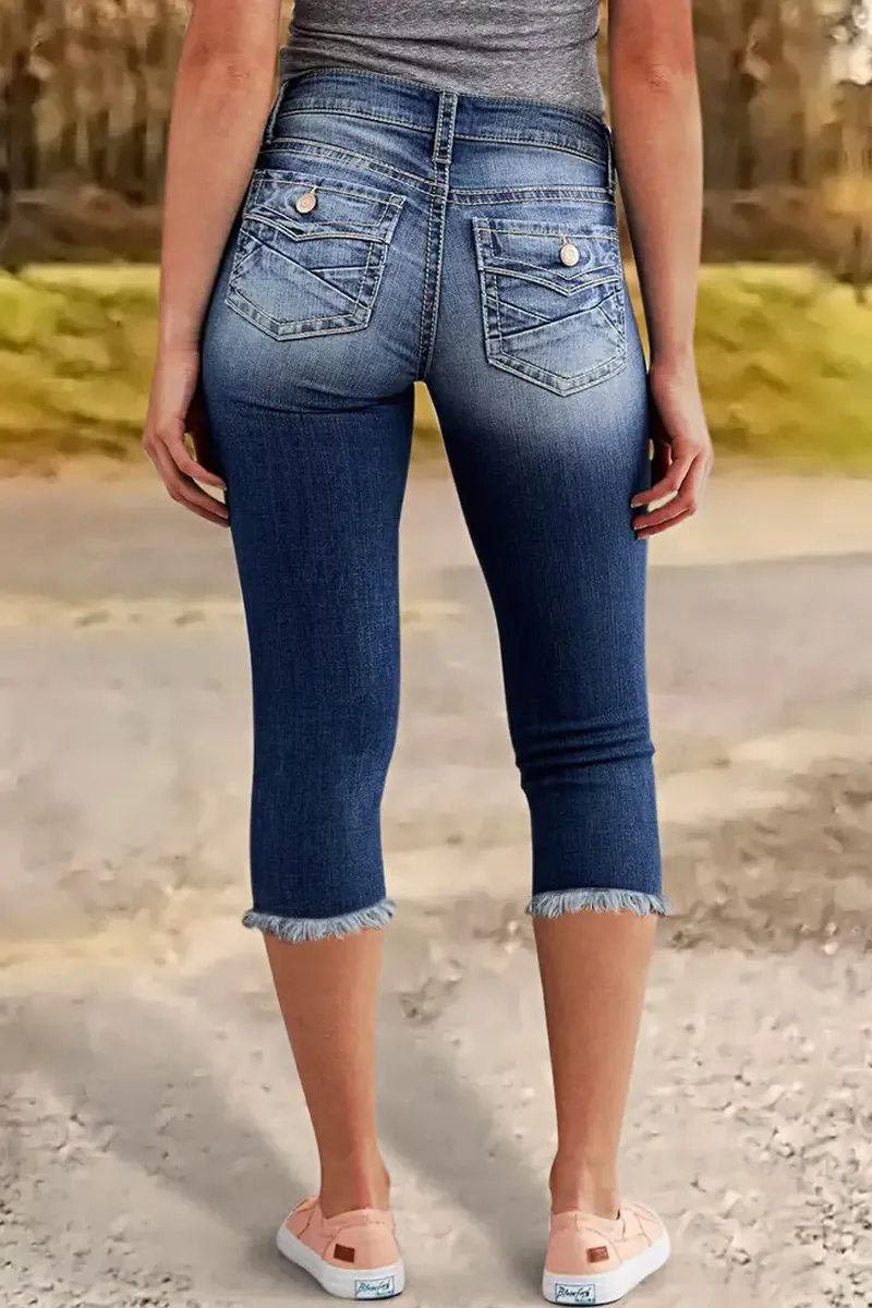 Raw Hem Wash High Stretch Mid Waist Capri Jeans