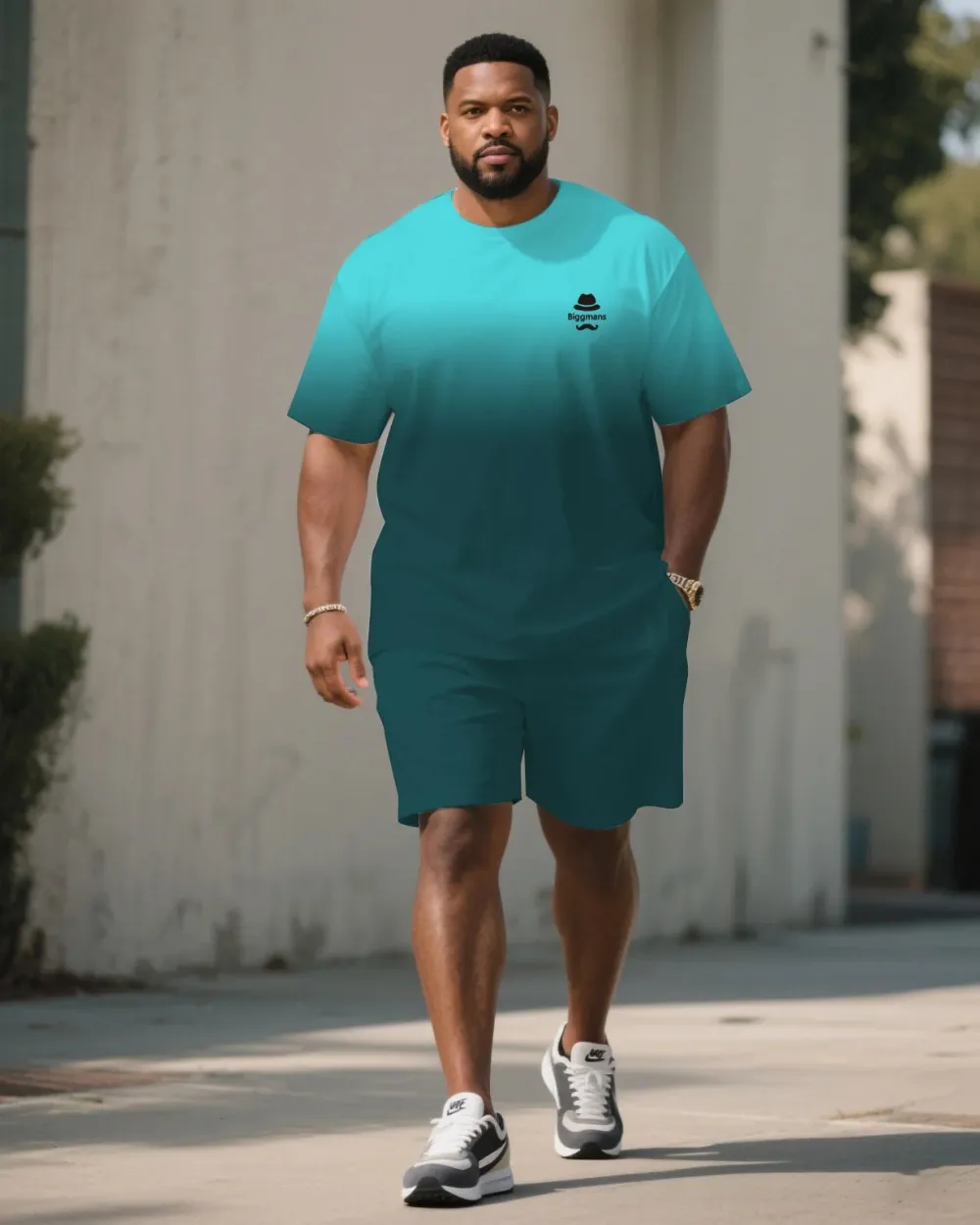 Big & Tall Men's Gradient Contrast Short-sleeved T-shirt and Shorts Suit