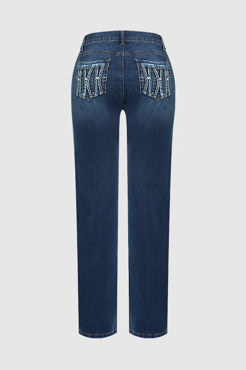 Mid Waist Rhinestone Decor Straight Leg Jeans Without Belt