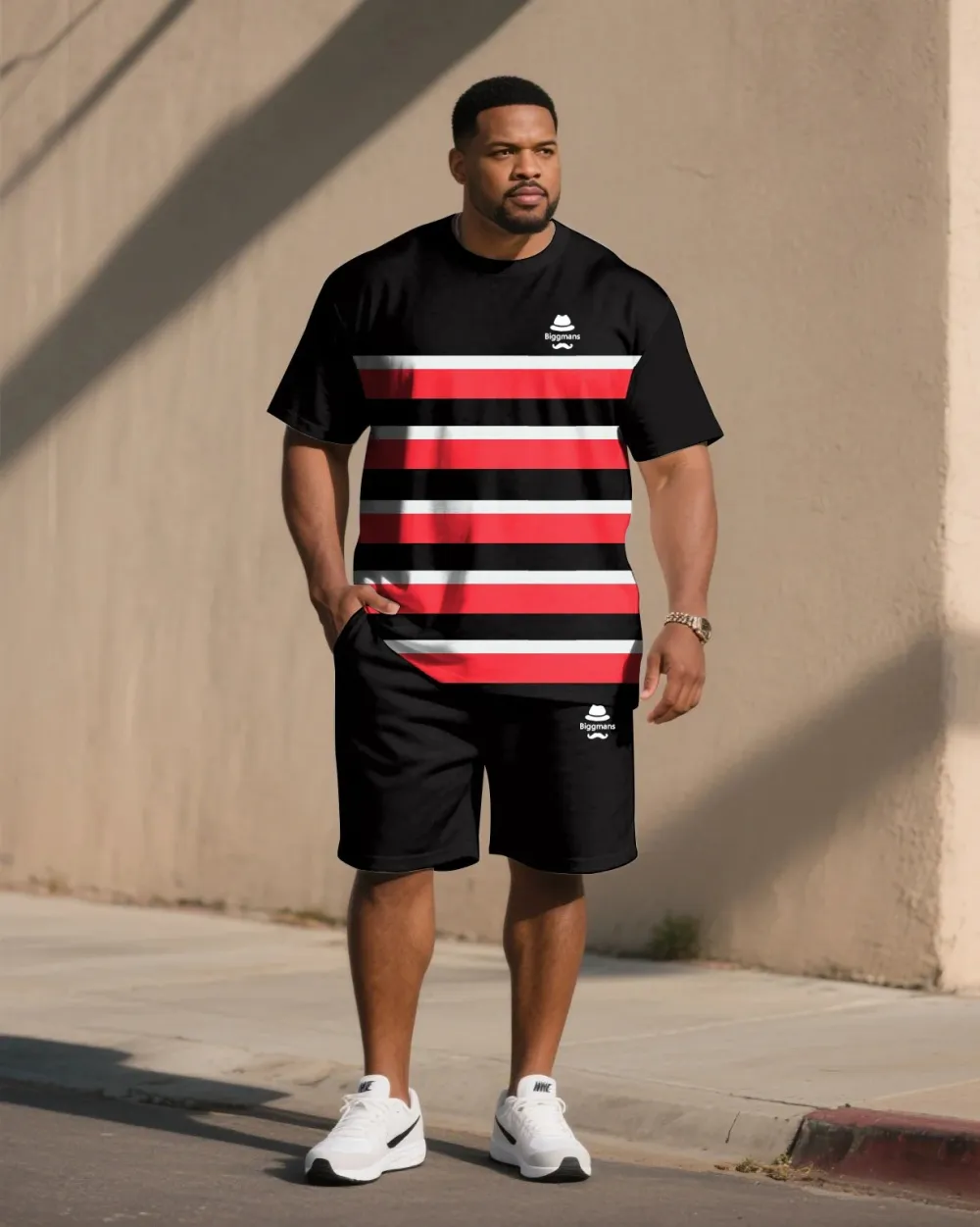 Big & Tall Men's Striped Color-Matching Short-Sleeved T-Shirt And Shorts Suit