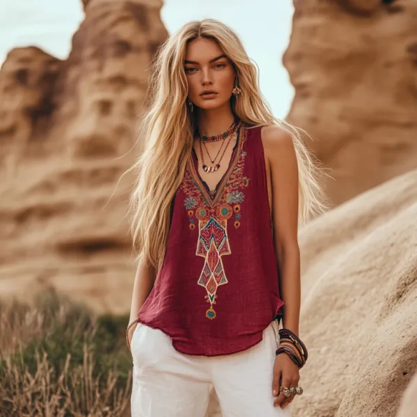 Women's Vintage Bohemia Ethnic Linen V-neek Sleeveless Top