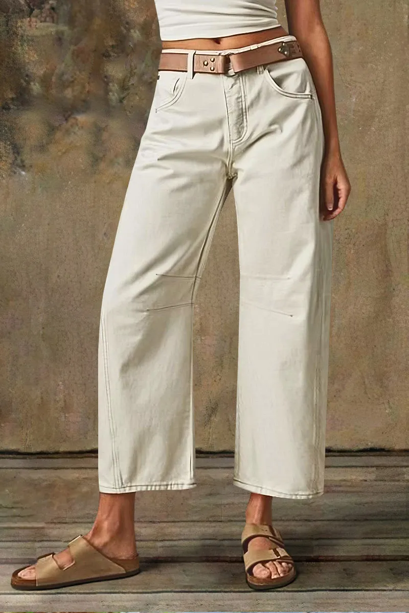 Solid Stitch Detail Mid Waist Crop Straight Leg Jeans Without Belt