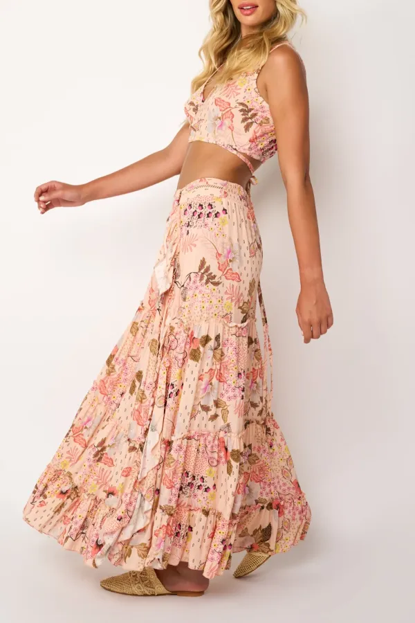 Pink And White Floral Print Ruffled Maxi Skirt
