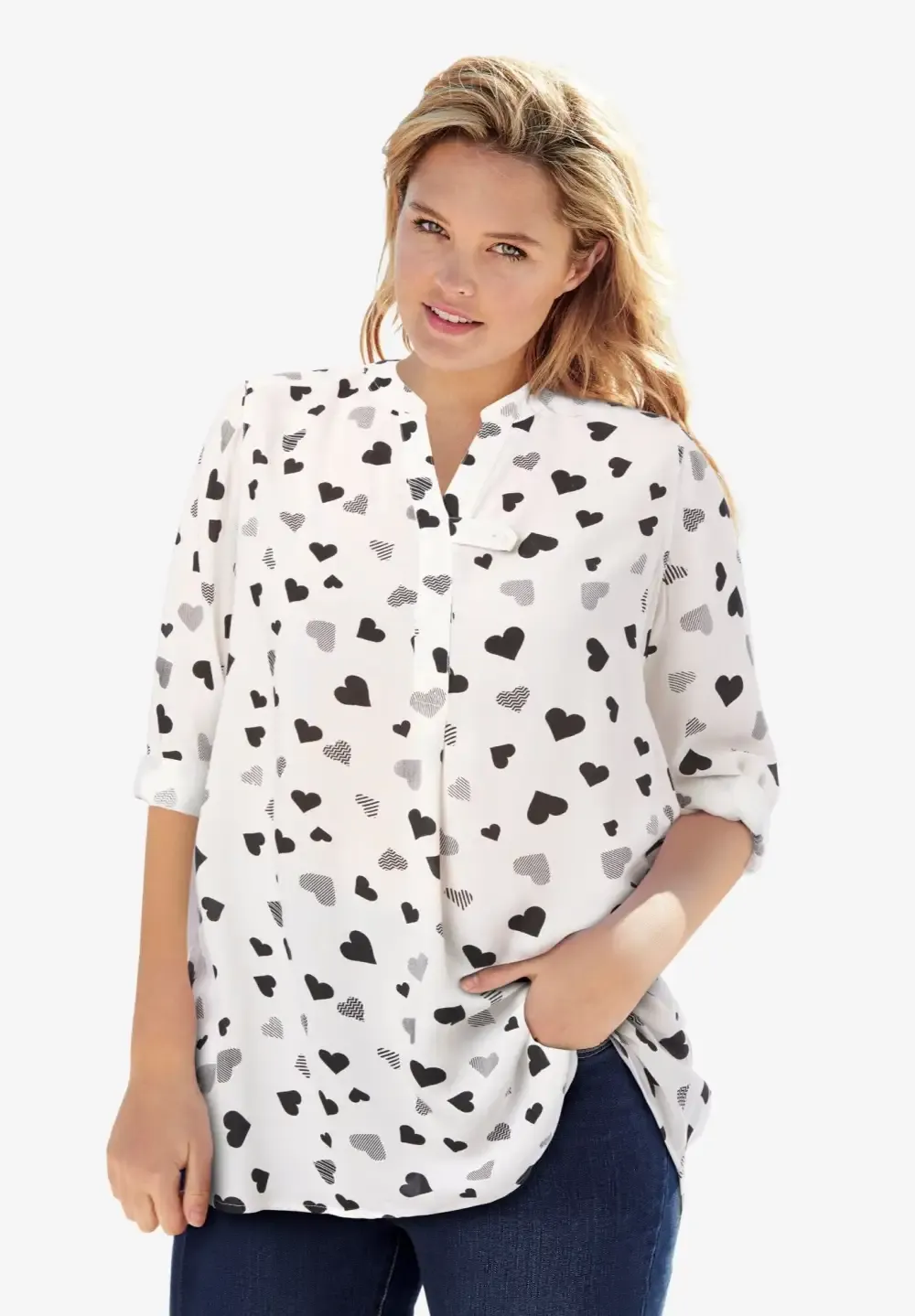 Rayon 7-Day Three-Quarter Sleeve Tab-Front Tunic