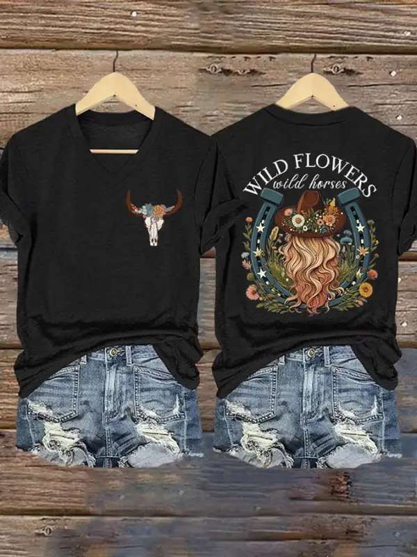 Women's Wild Flowers Wild Horses Printed T-Shirt
