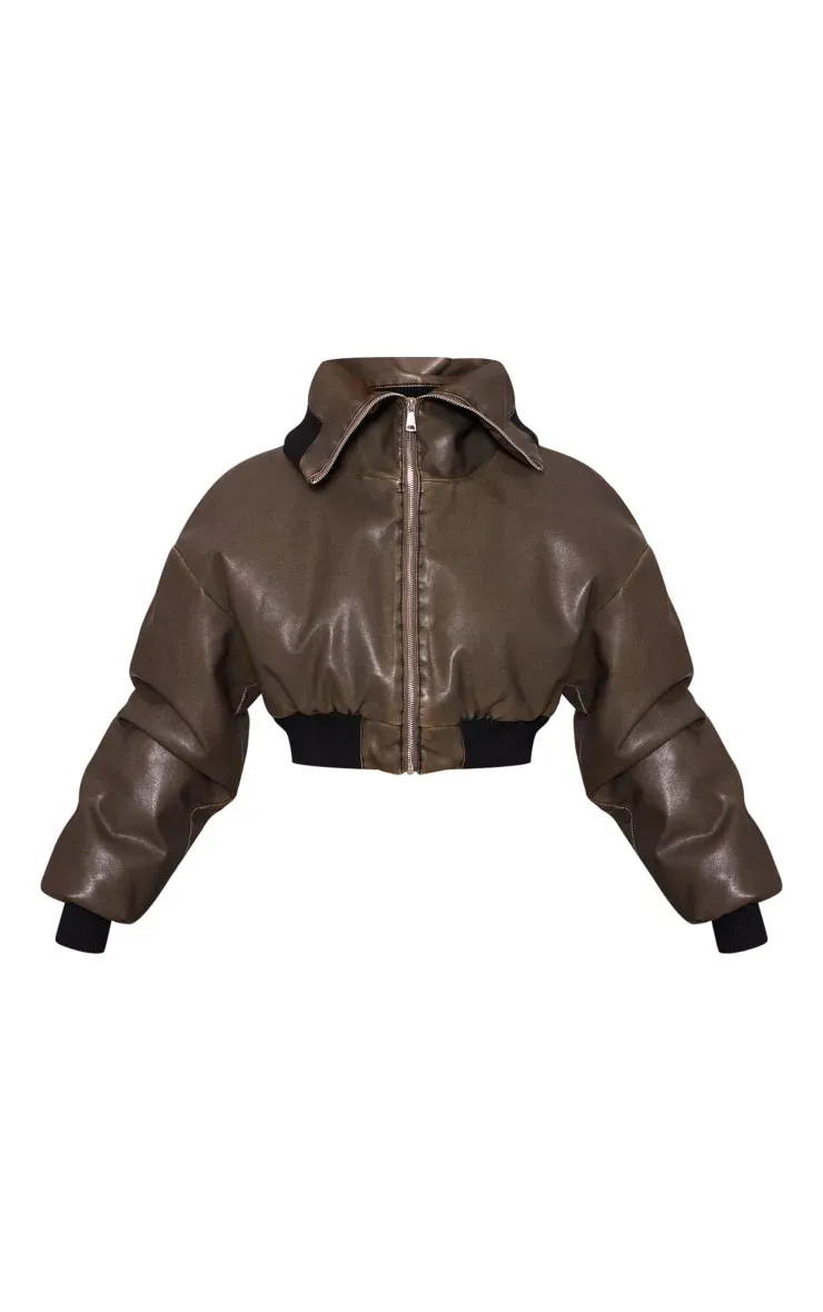 Dark Khaki Faux Leather Washed Cropped Foldover Puffer Jacket