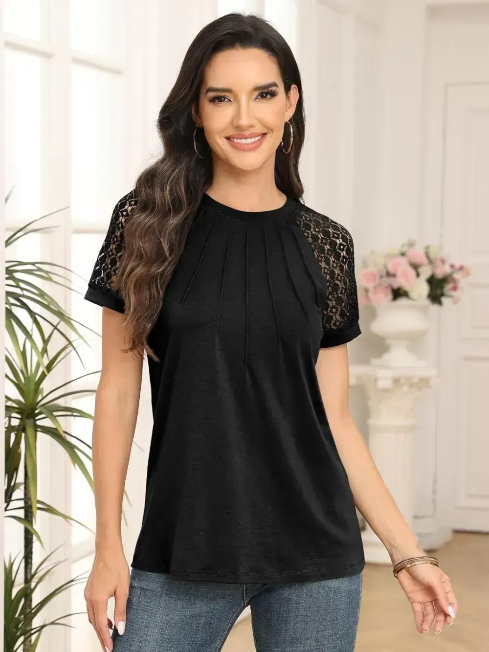 AUTOMET Womens Tshirts Trendy Fashion Tops Lace Short Sleeve Business Tee Shirts Casual Knitted Blouses Summer Outfits 2024