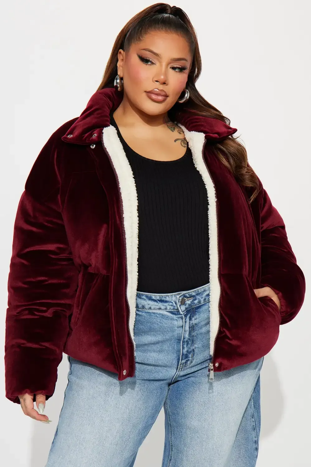 Cici Velvet Puffer Jacket - Burgundy