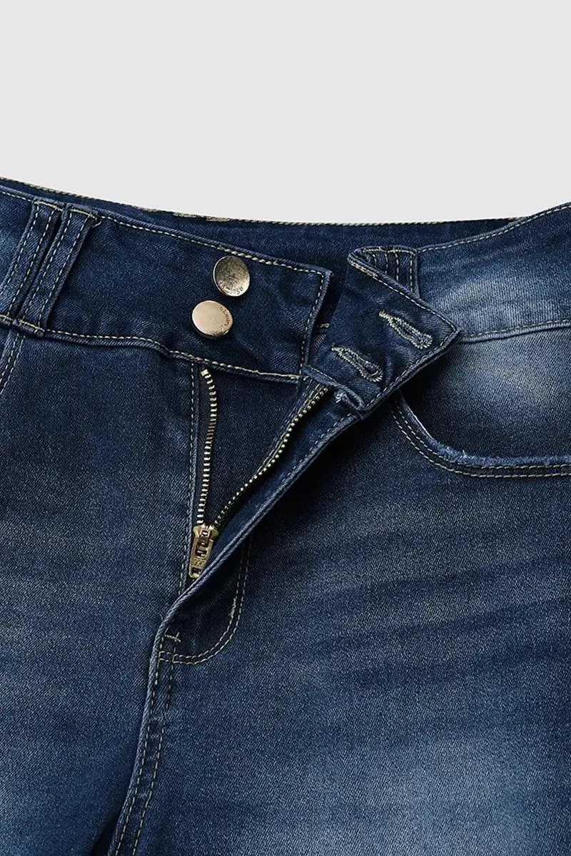 Double Button High Waist Denim Mid Thigh Shorts