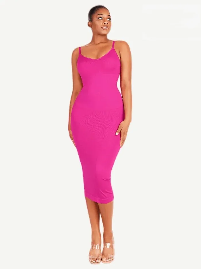 Seamless Spaghetti Strap V Neck Maxi Dress with Built-in Bodycon