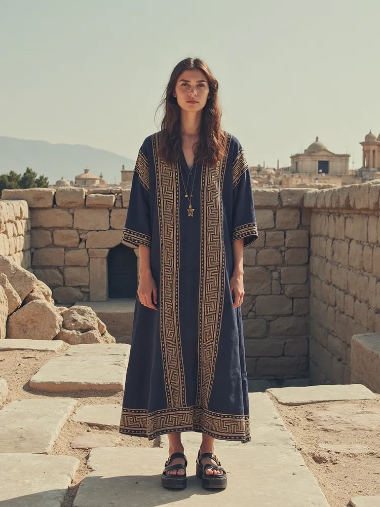 Retro Greek Key Graphics V Neck Linen Blend Maxi Dress