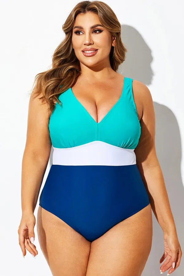 Colorblock V-Neck Script One Piece Swimsuit