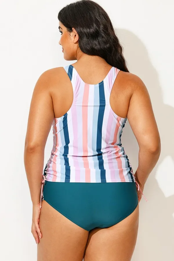 Multi Stripe Built-in Bra Racerback Tankini Top