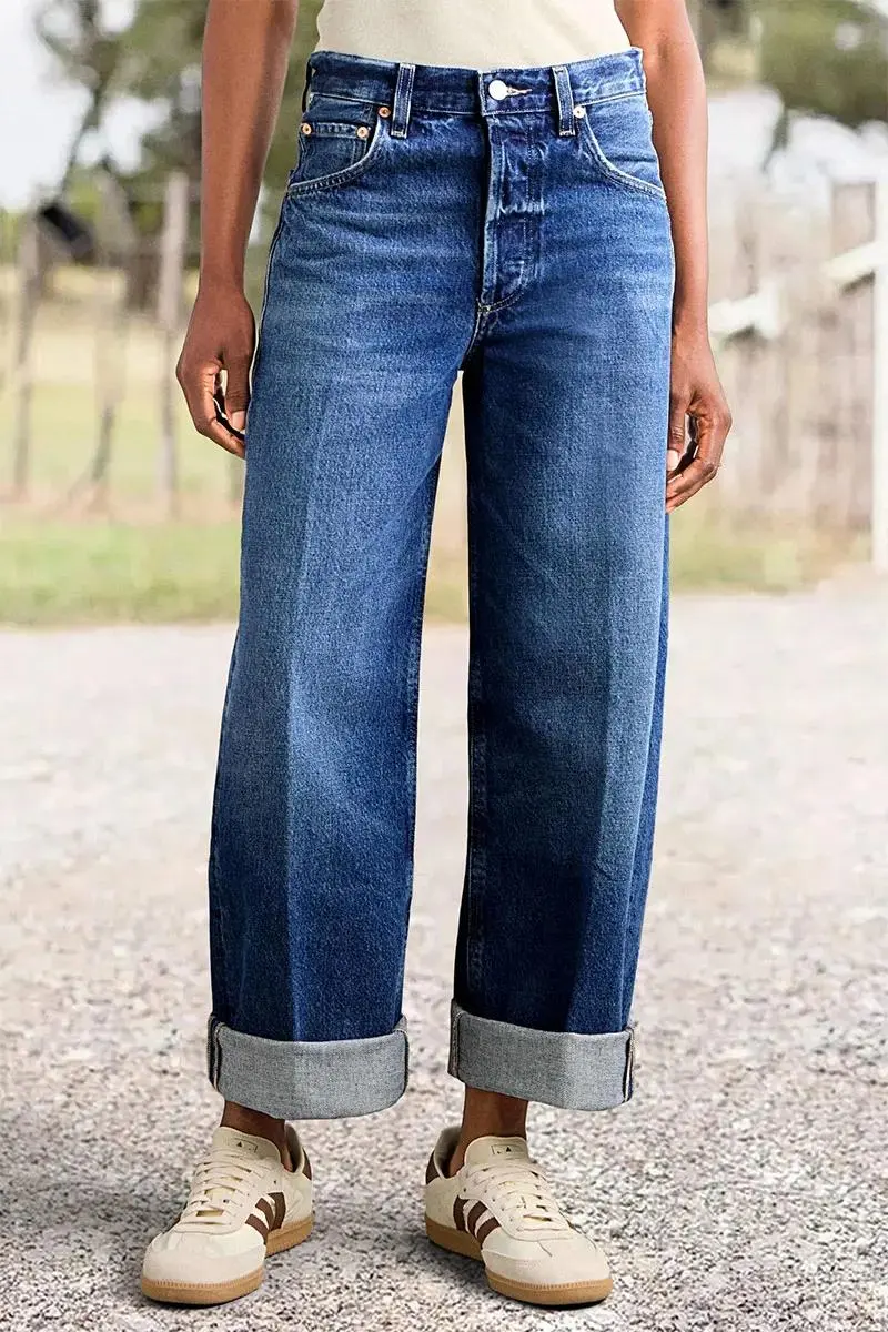 Wash Roll Hem High Rise Straight Leg Jeans