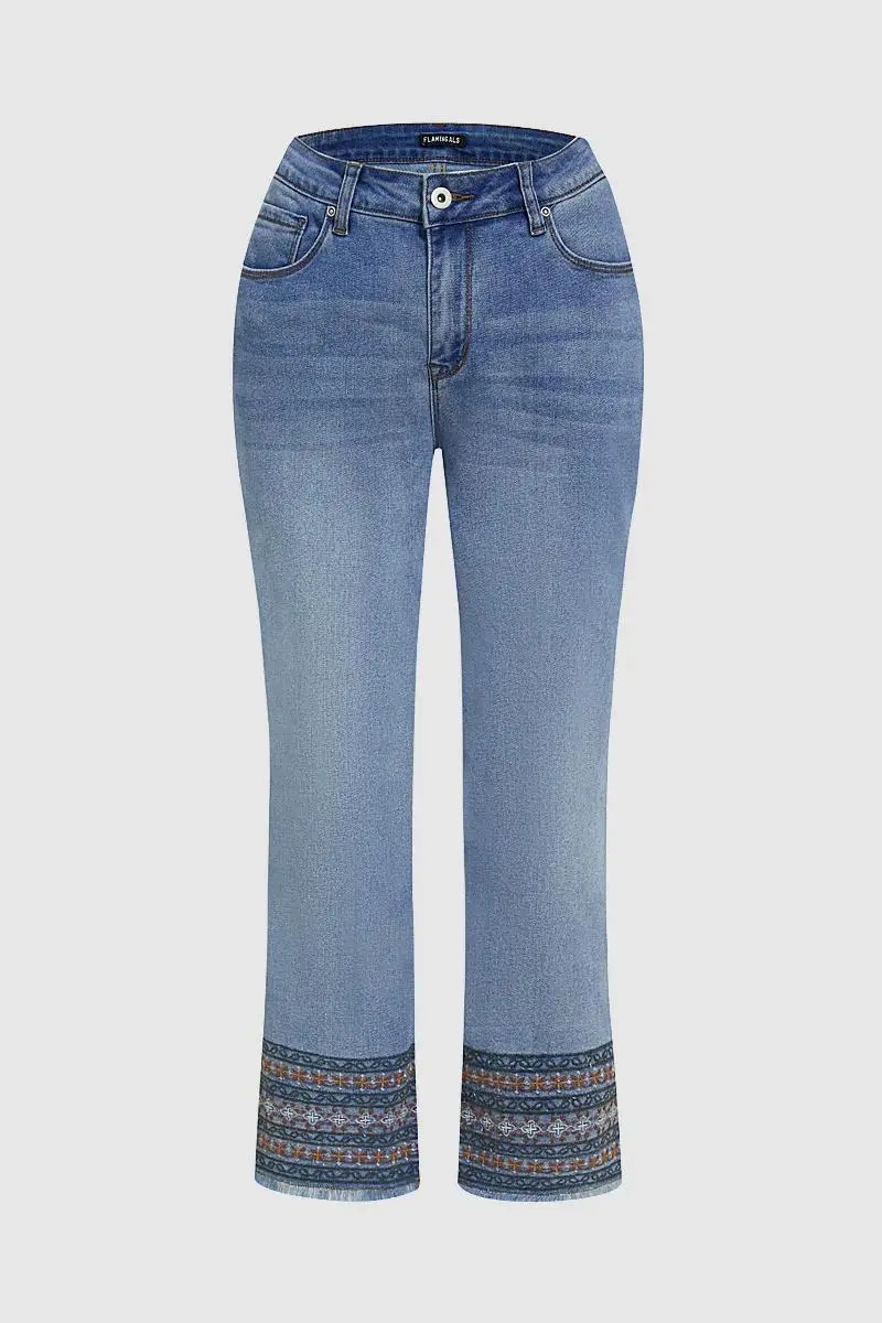 Wash Embroidery Raw Hem Mid Rise Crop Jeans