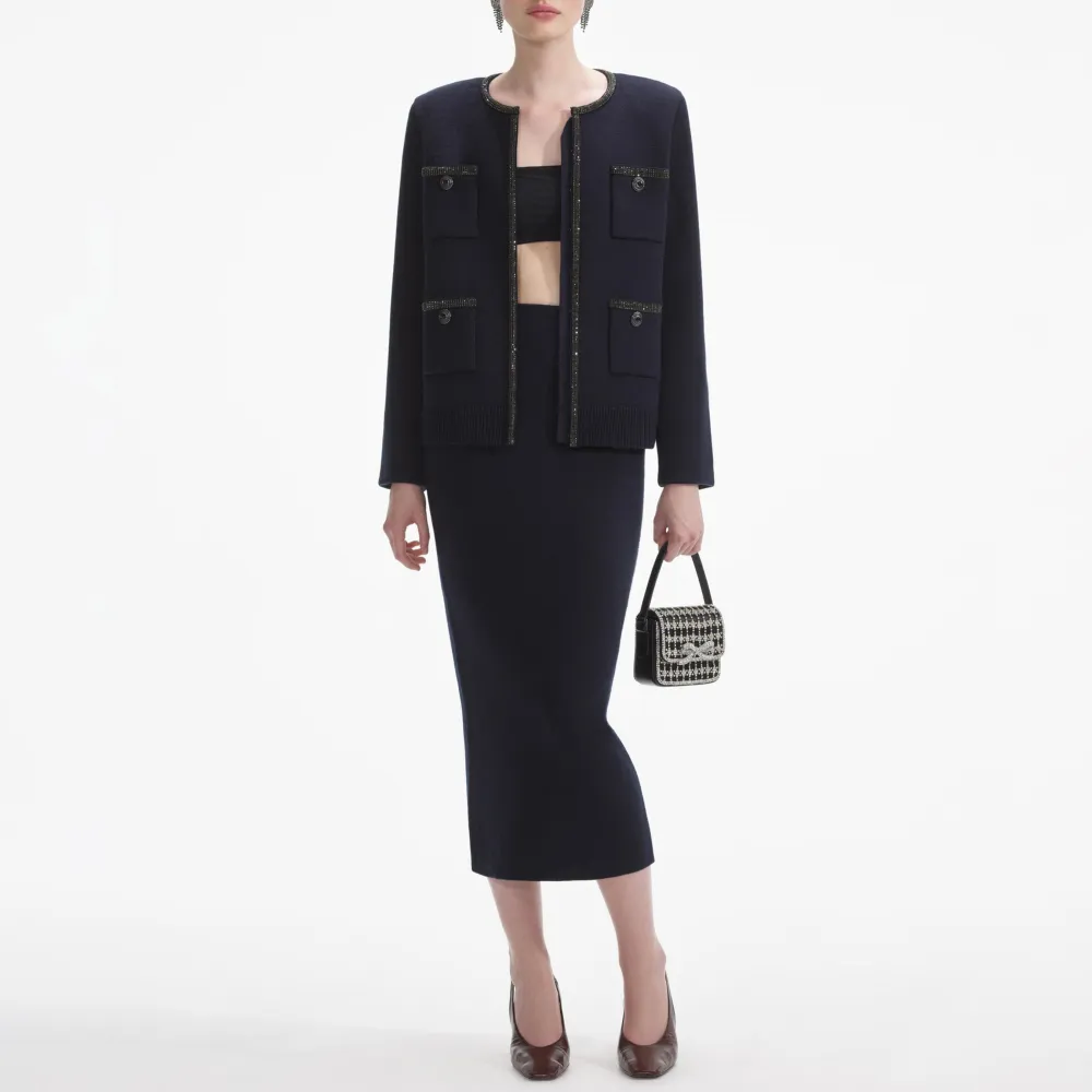 Navy Embellished Knit Cardigan