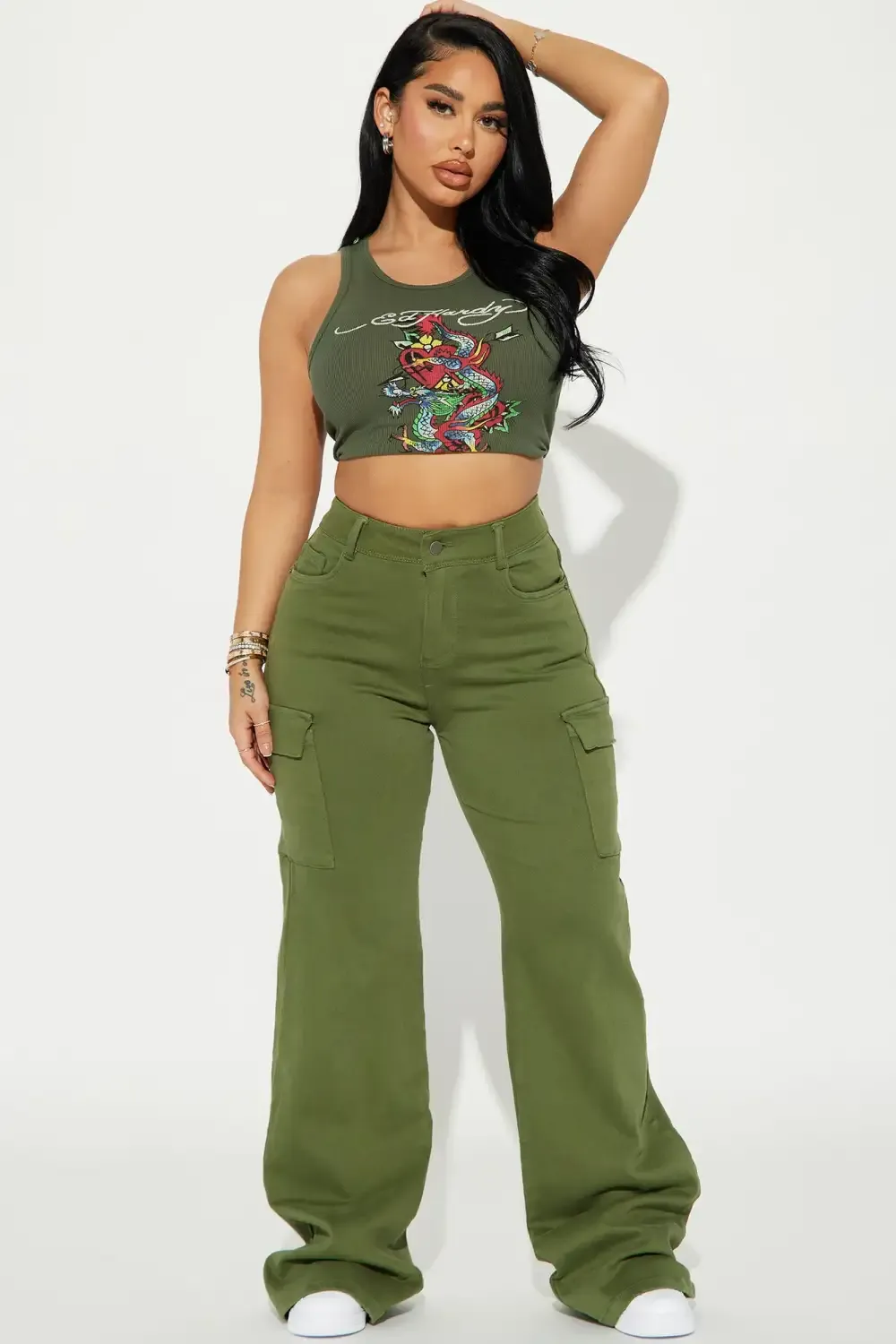 True That 90s Stretch Color Cargo Jeans - Olive