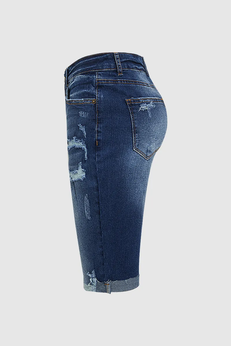 Ripped Raw Hem High Rise Denim Bermuda Shorts