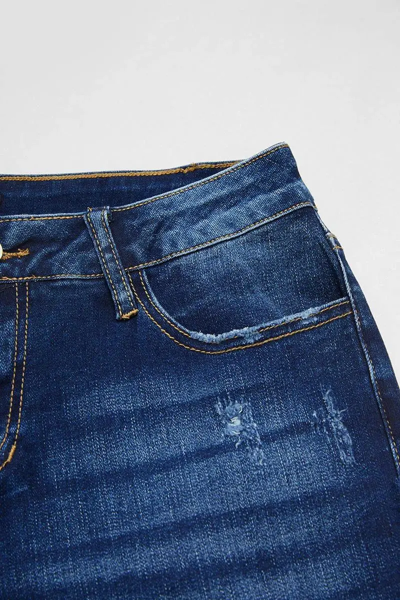 Ripped Raw Hem Mid Waist Denim Mid Thigh Shorts