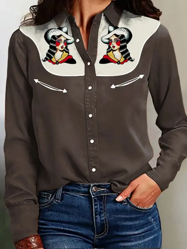 Women's Vintage Western Art Print Casual Linen Blouse