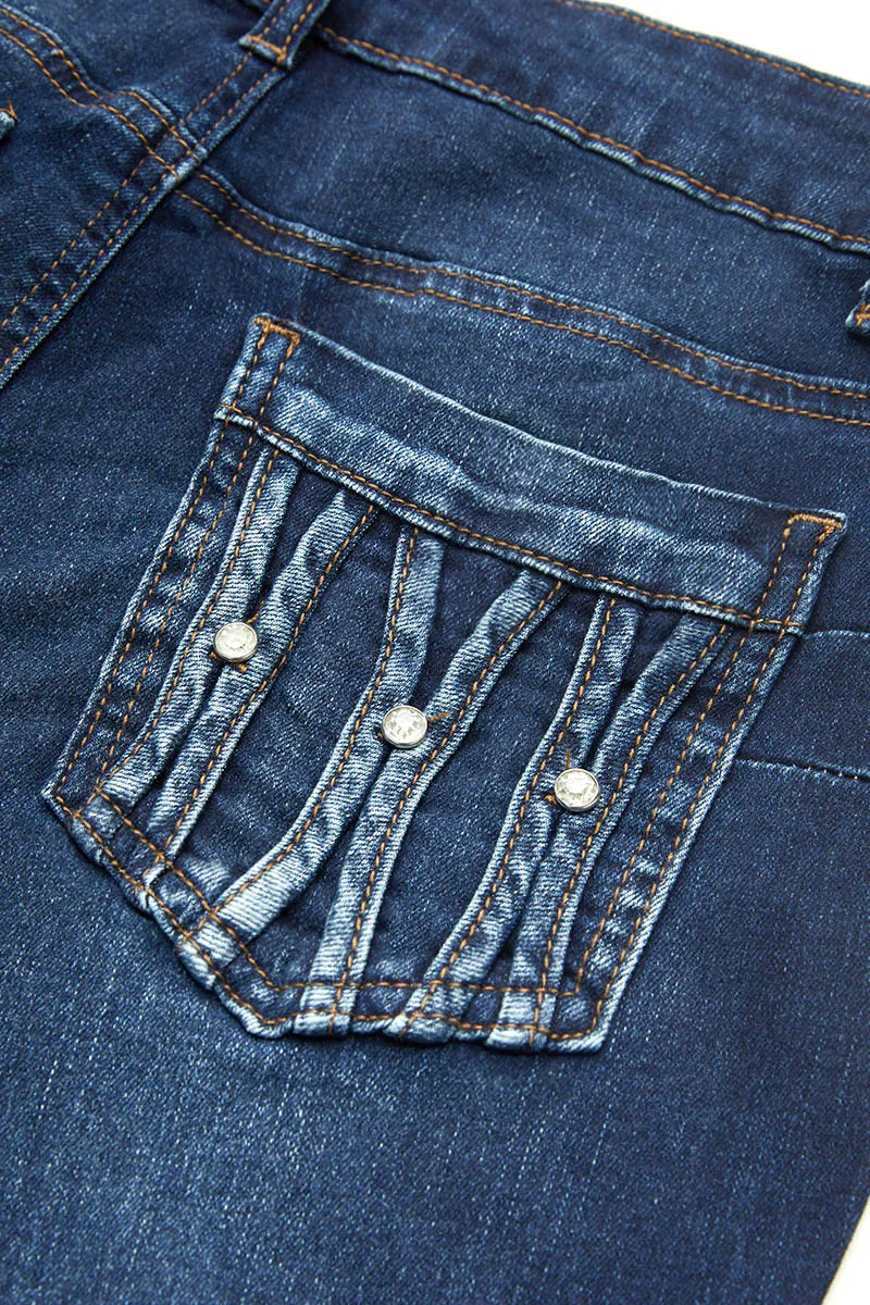 Mid Waist Rhinestone Decor Straight Leg Jeans Without Belt