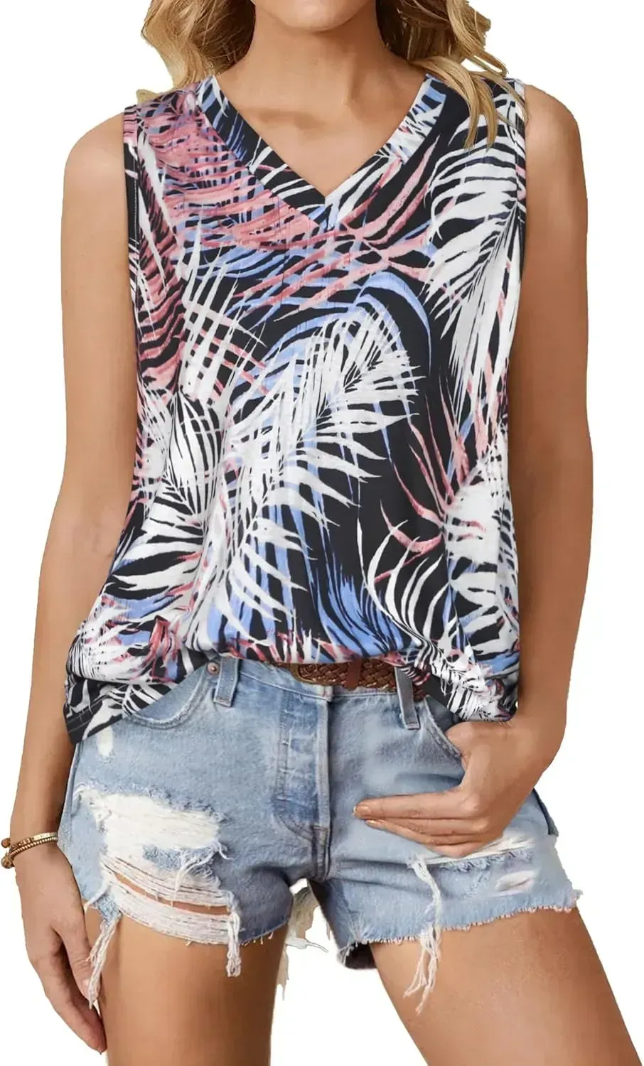 Summer Tops for Women Sleeveless V Neck Tshirt Loose Fit Casual Tank Tunic Blouse