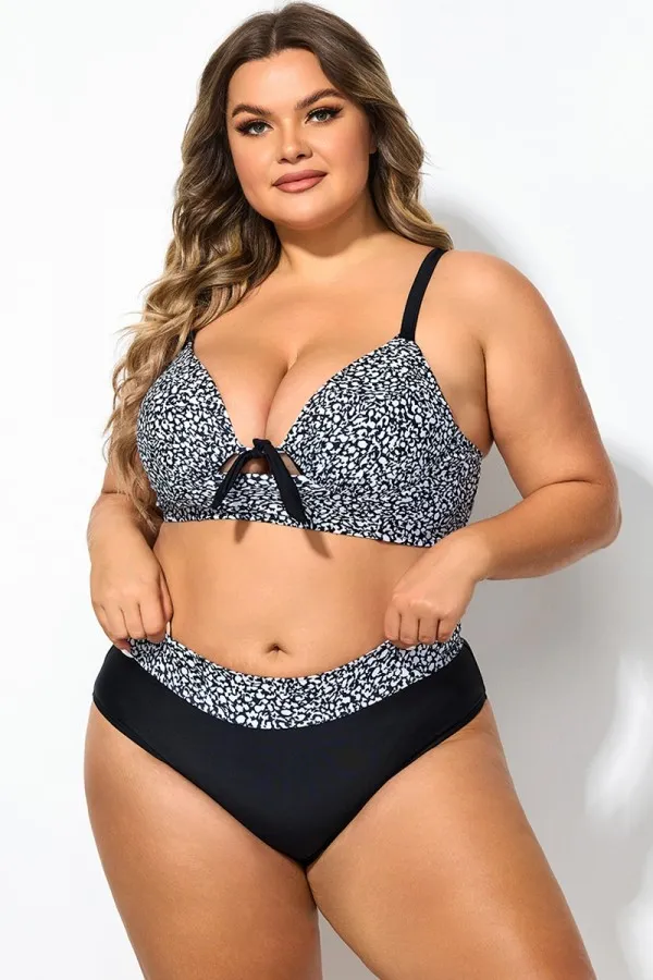Black＆White Abstract Print Tie Front Underwire Bikini Top