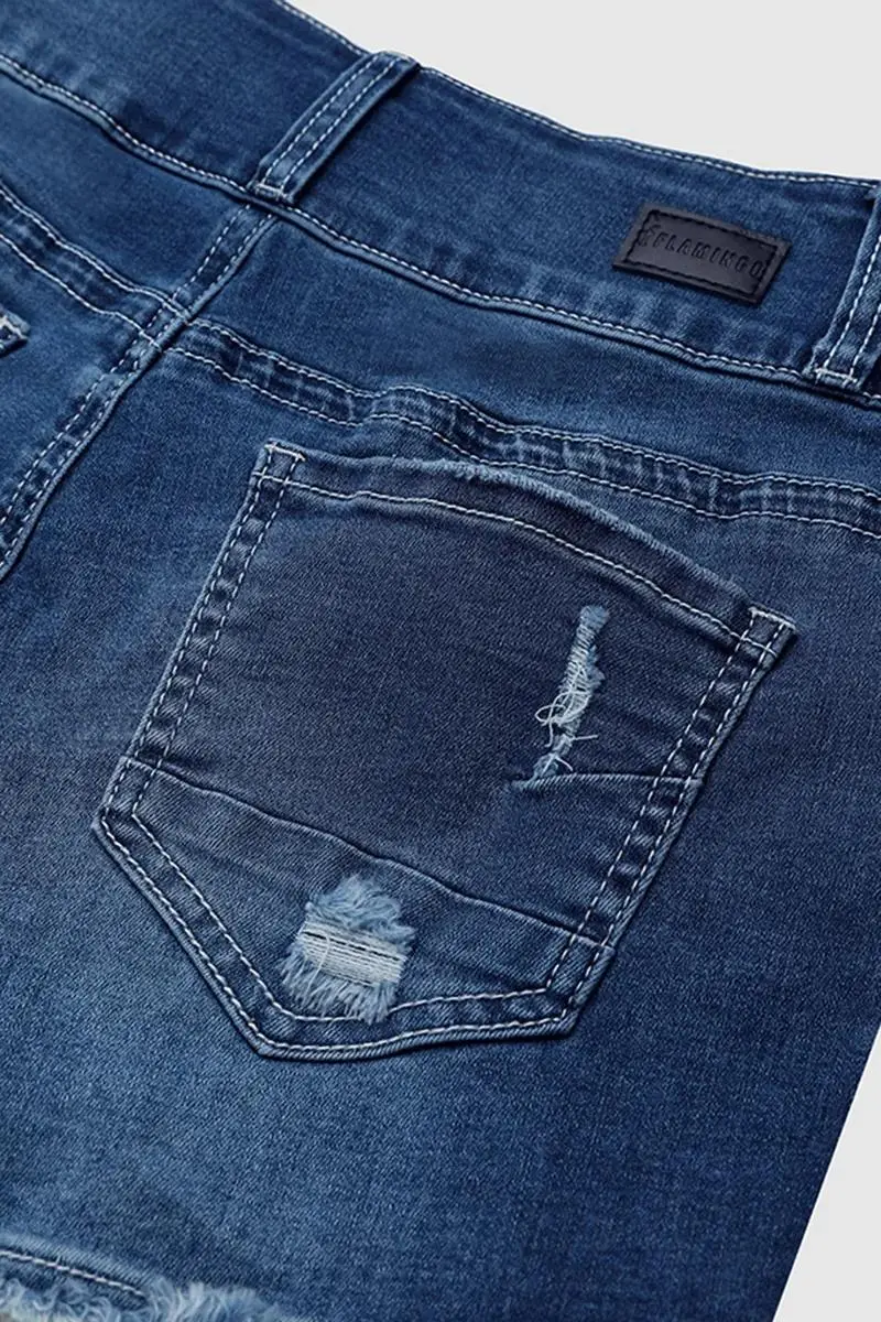 Ripped Raw Hem Button Up Mid Rise Denim Shorts