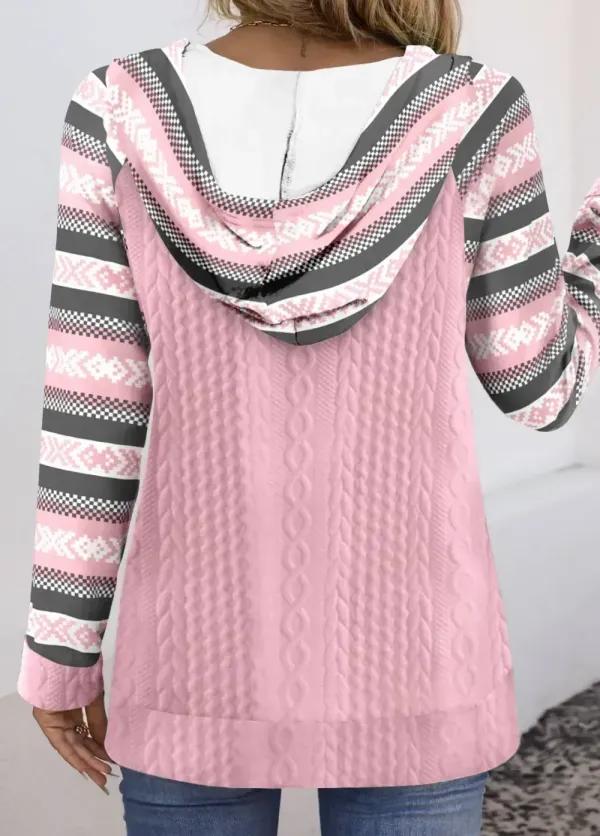 Pink Textured Fabric Multi Stripe Print Long Sleeve Hoodie
