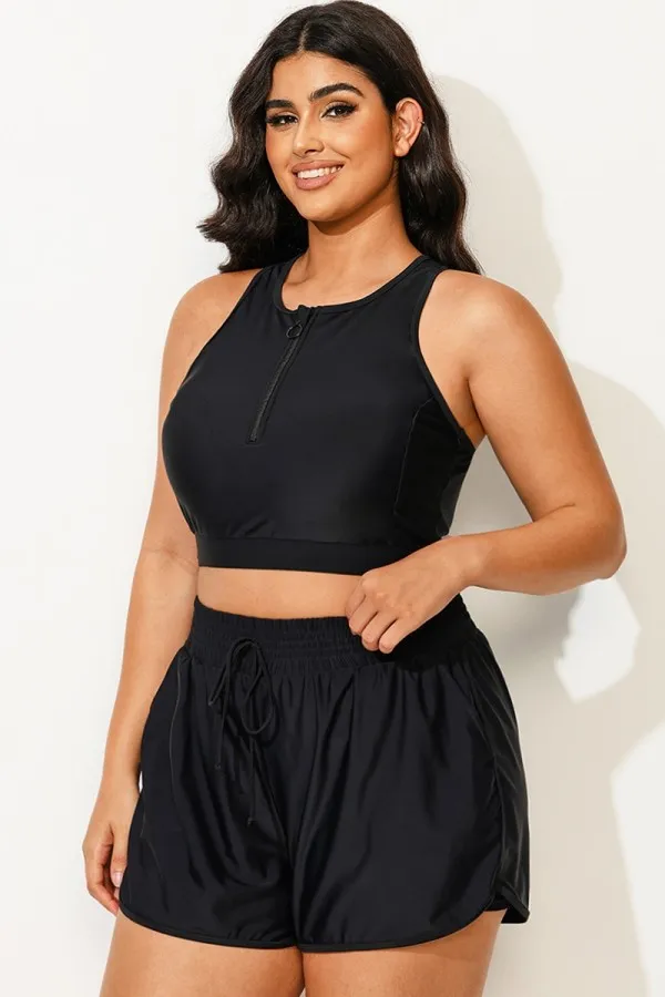 Plus Size Black Half Zip Crop Bikini Top