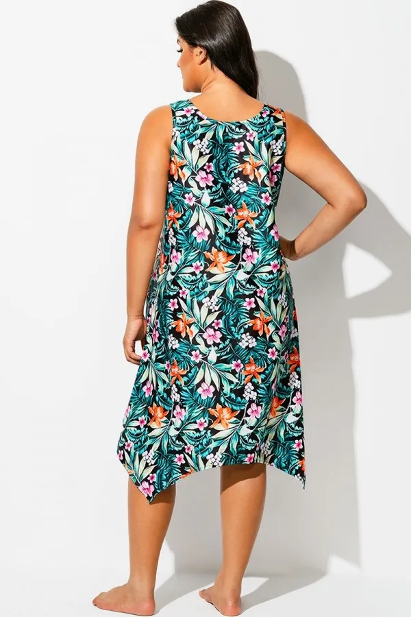 Floral Print Round Neck Sharktail Beach Cover Up