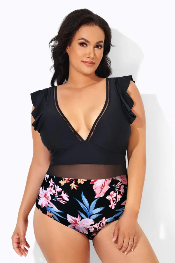 Black Ruffle Plunge V Neck One Piece Swimsuit