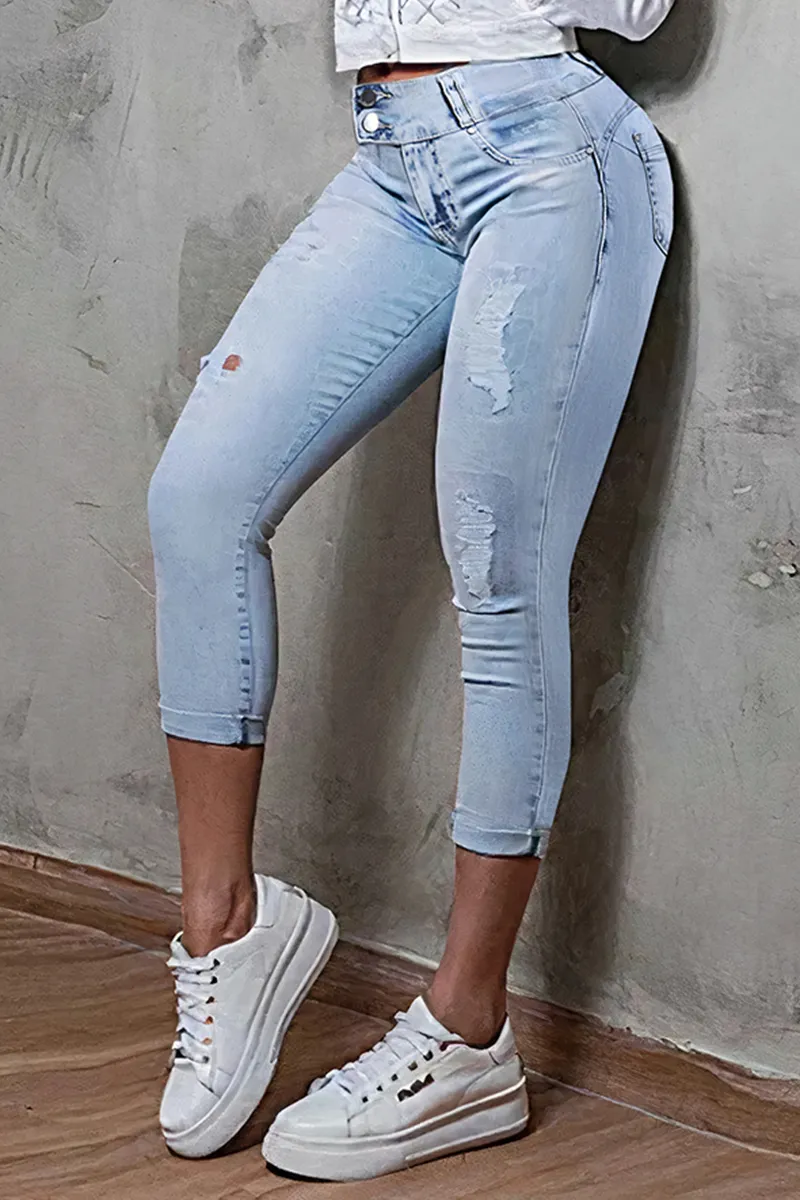 Double Button Ripped Roll Hem Mid Waist Capri Jeans