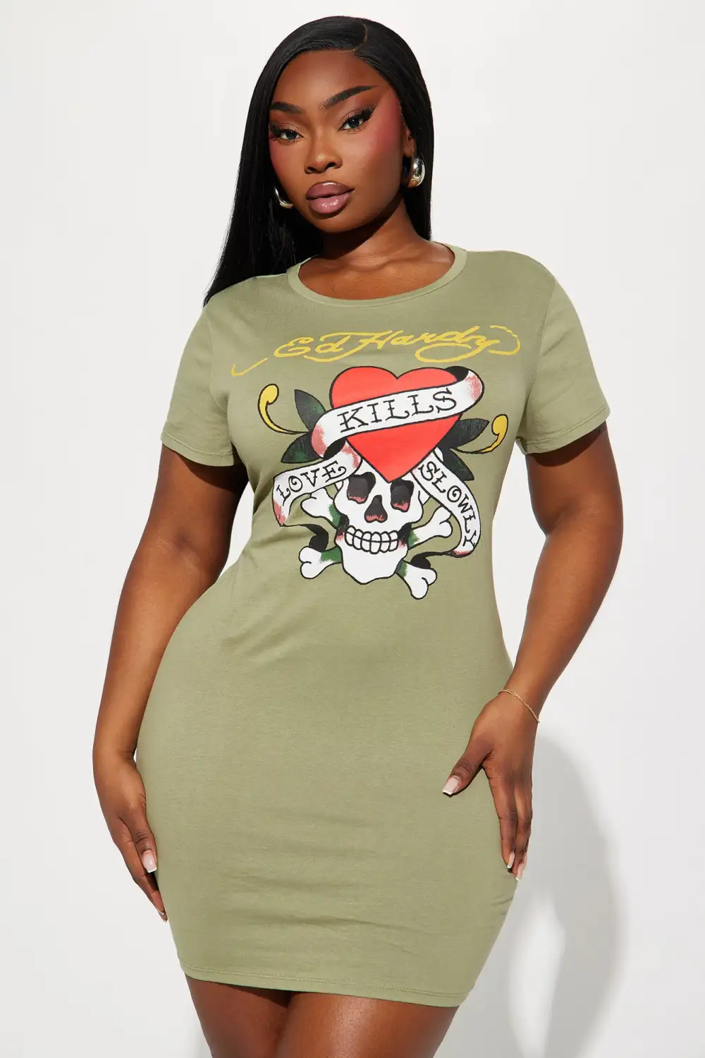 Ed Hardy Skull T Shirt Mini Dress - Olive