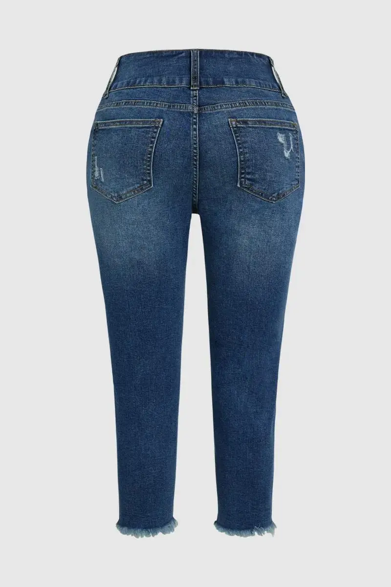 Button Up Ripped Raw Hem Mid Rise Capri Jeans