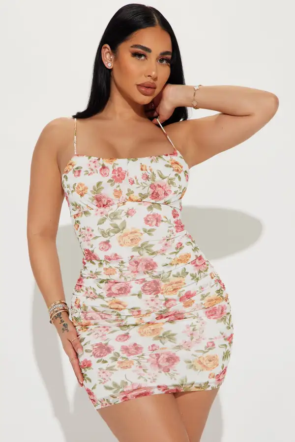 Floral Mesh Mini Dress - Off White