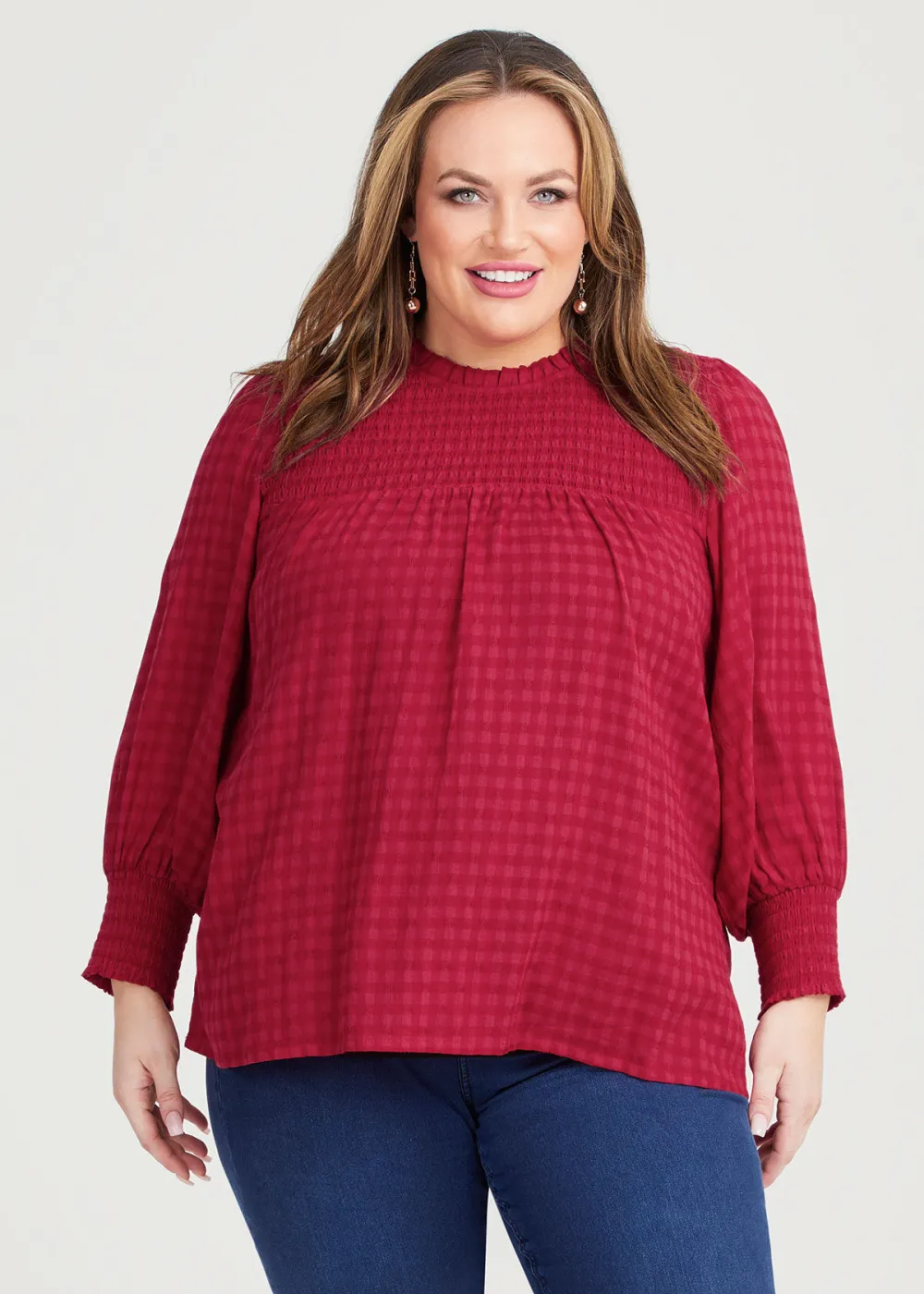 Cotton Mix Shirred Gingham Top