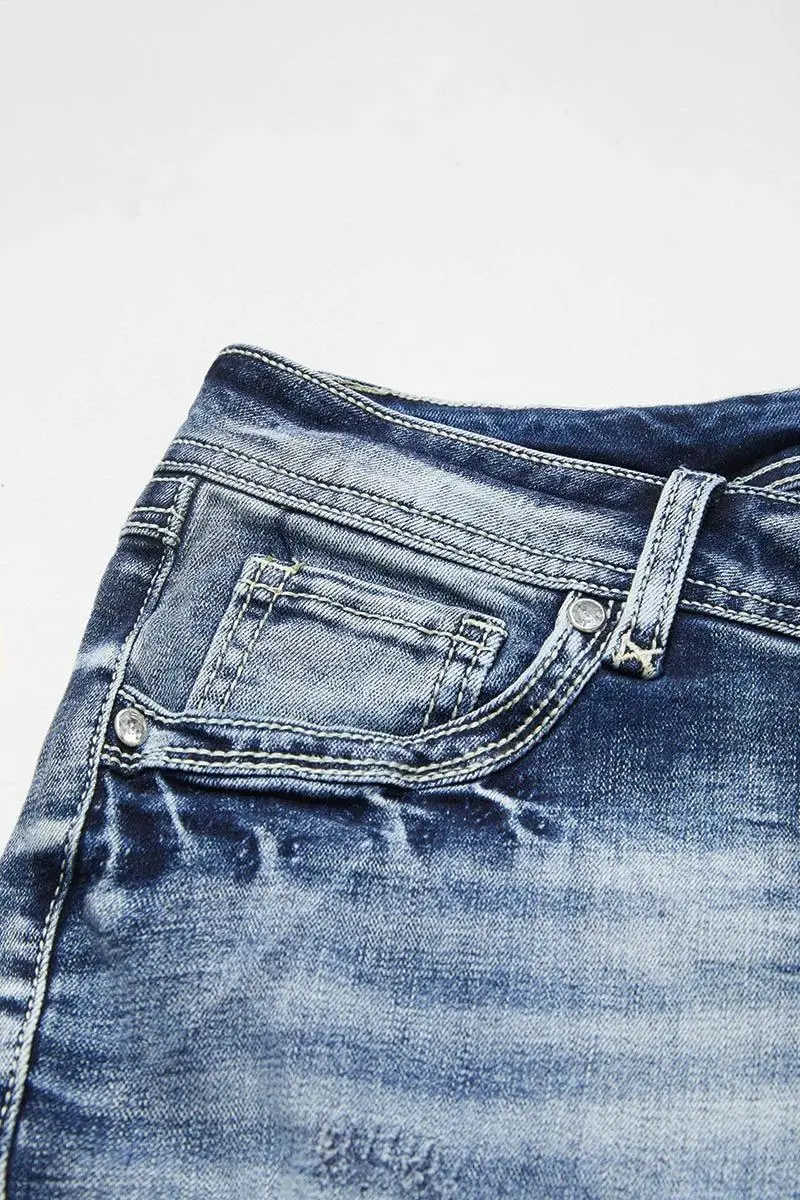 Ripped Raw Hem Mid Waist Denim Mid Thigh Shorts