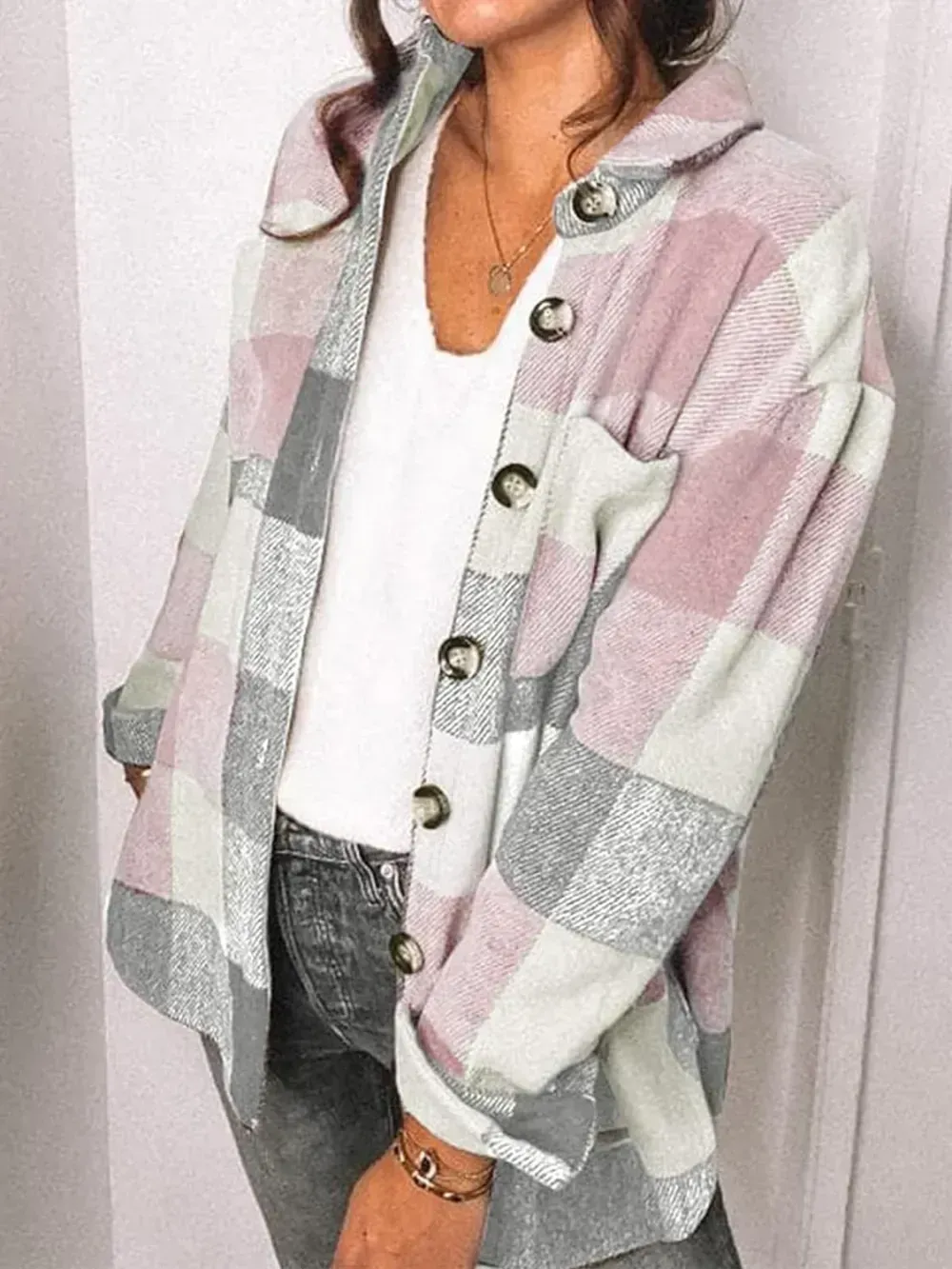 Womens Casual Plaid Shacket Button Down Long Sleeve Shirt