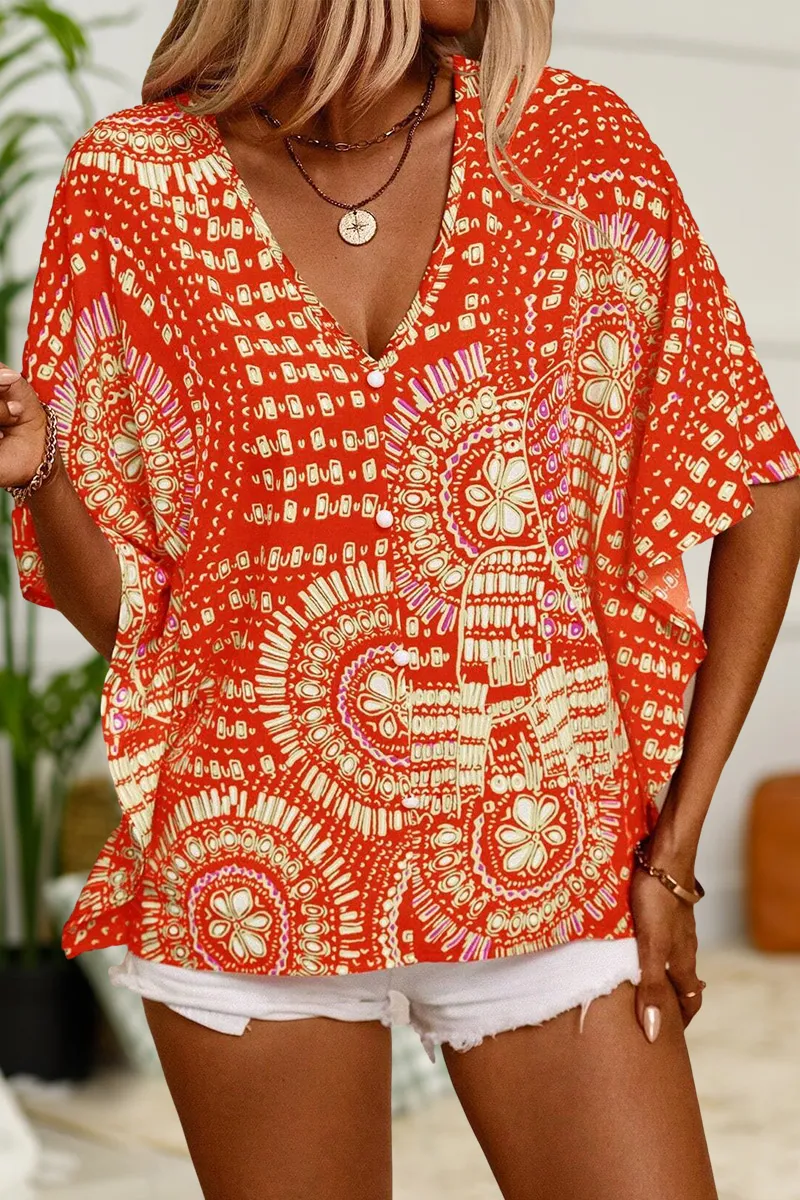 Allover Print Batwing Sleeve V Neck Blouse