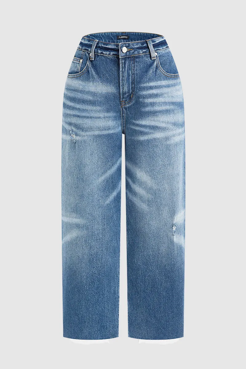 Wash Ripped Raw Hem Mid Rise Crop Jeans