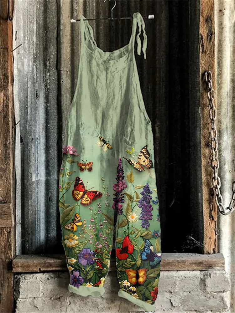 Women's Floral And Butterfly Embroidered Linen Blend Jumpsuit