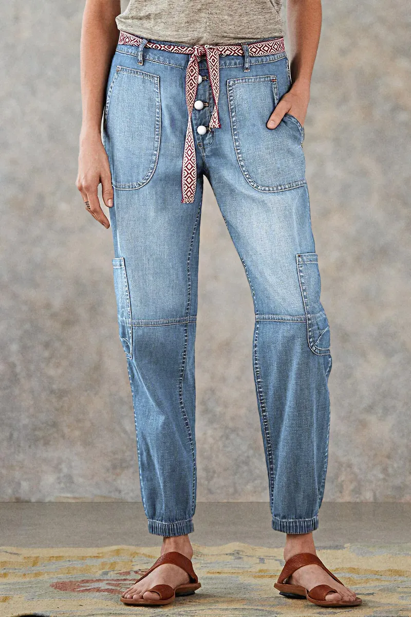 Multi Pocket Button Fly Mid Rise Straight Leg Jeans Without Belt